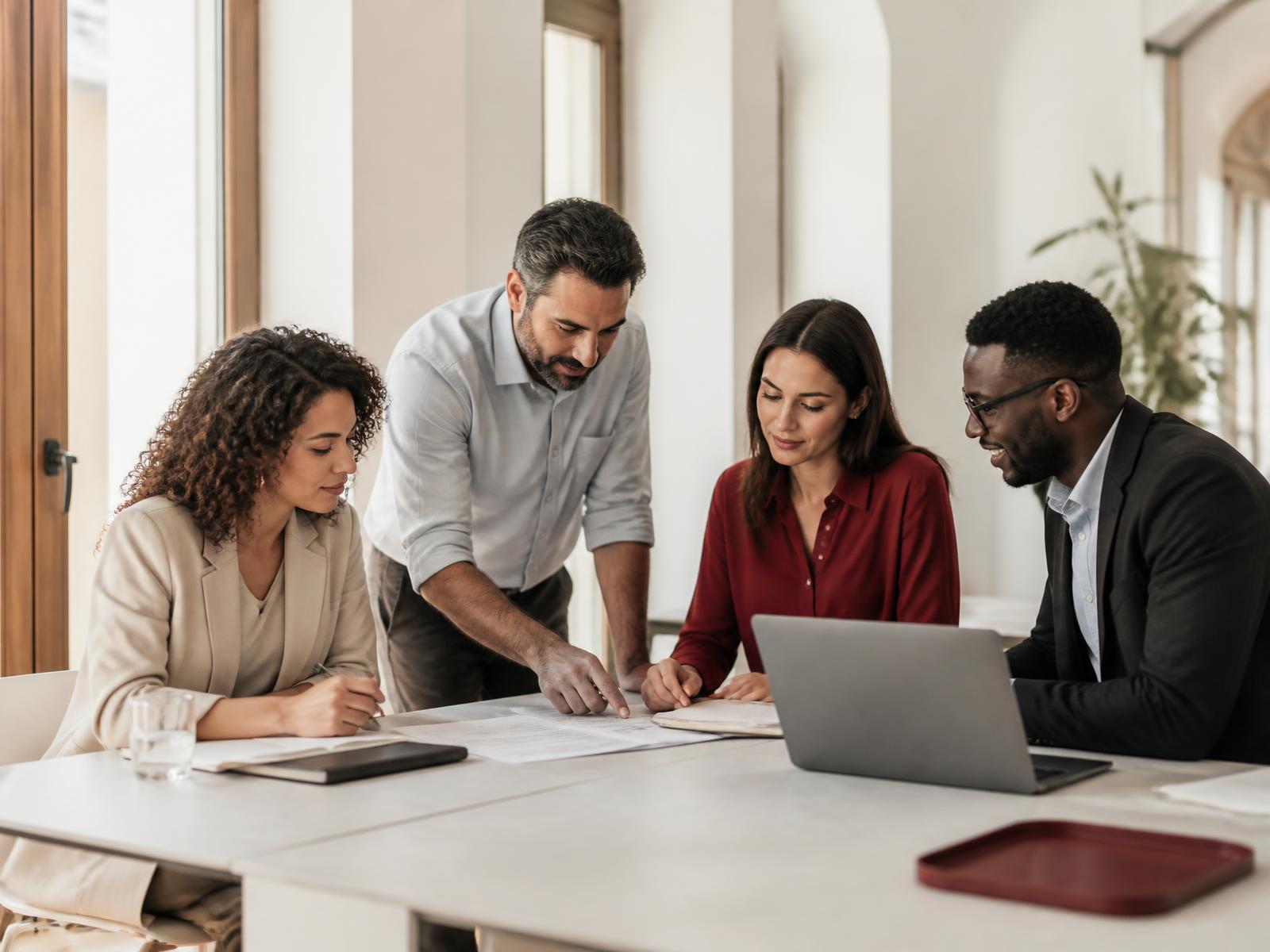 Équipe RH en réunion de travail dans un bureau lumineux