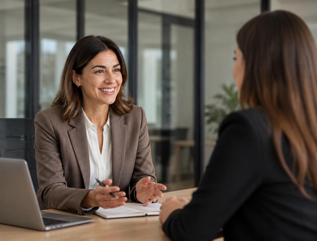 Responsable RH en entretien avec une collaboratrice dans un bureau moderne